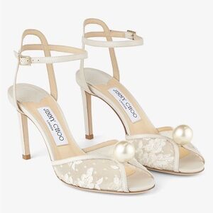 Jimmy Choo Ivory Floral Lace Sandals with Pearl Detail